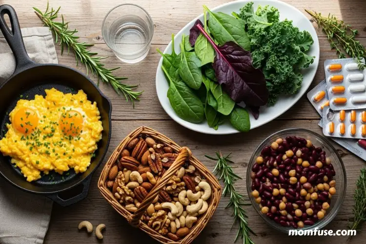 iron- and biotin-rich foods like eggs, nuts, leafy greens, beans, and supplements, in table.