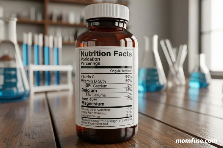 A nutritional facts label showing vitamin and mineral percentages.