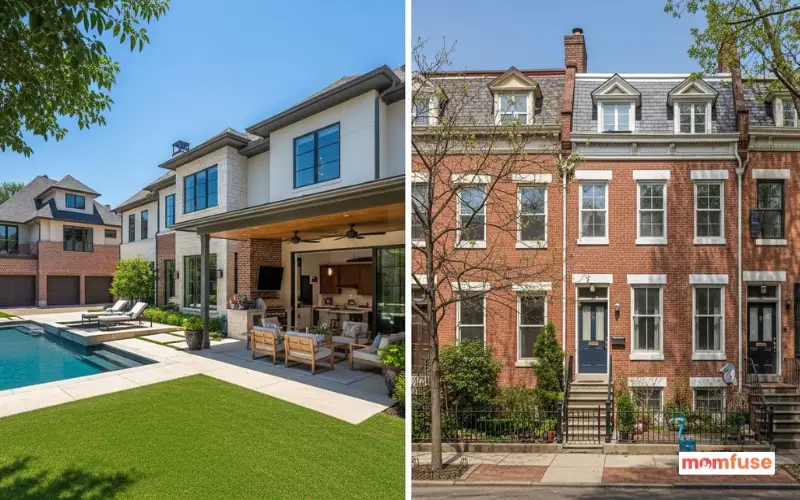 Visual comparison of Houston large lot homes with spacious outdoor living vs Philadelphia smaller.