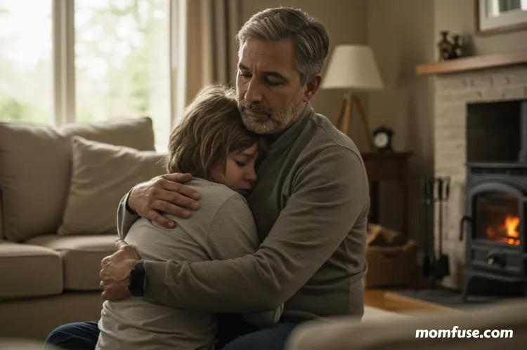 A parent hugging their stressed child in a cozy living room.