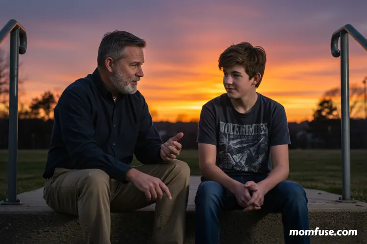 A mentor and teen sitting on steps having conversation at sunset.