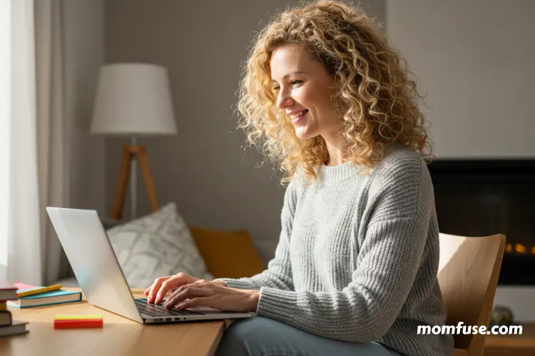 A cheerful mom using a laptop at home, taking an online course.
