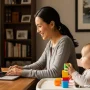 a smiling mother studying nursing online at home with a laptop and baby nearby.
