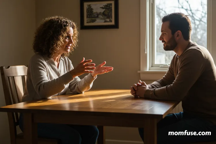 Two family members sitting at a dining table having an open, supportive conversation.