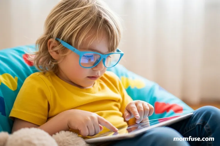 Young child wearing blue light glasses using a digital tablet at home. -eye health tips for kids