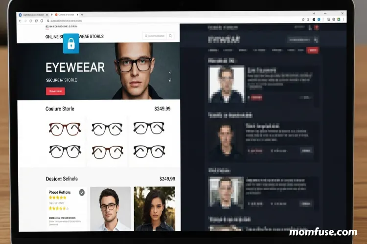 A laptop screen showing two online eyewear stores side by side.