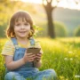 A young child sitting in a sunlit grassy field, smiling while holding a small plant.