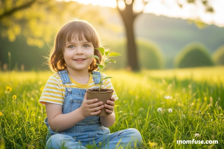 A young child sitting in a sunlit grassy field, smiling while holding a small plant.