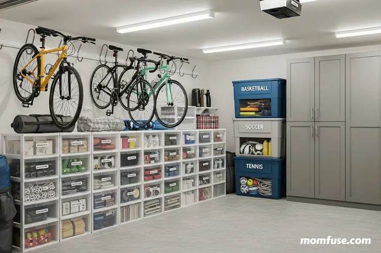 Neatly organized garage with clear bins, hooks for bikes, labeled sports gear bins, sealed cabinet.
