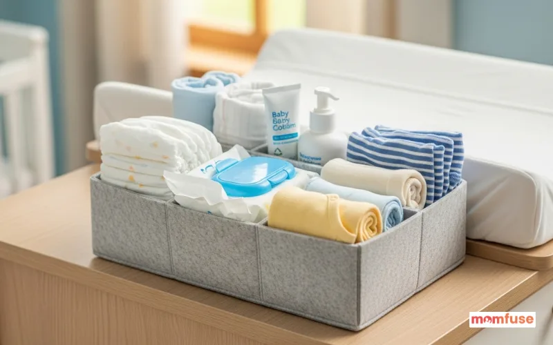neatly arranged diaper caddy with diapers, wipes, baby cream and baby clothes on changing table.