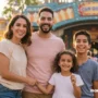 A cheerful family with two kids enjoying their Orlando vacation, standing near a theme park entrance.
