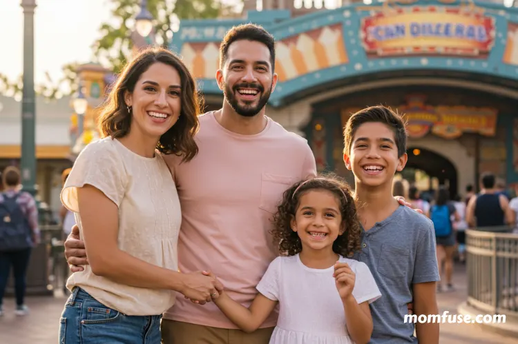 A cheerful family with two kids enjoying their Orlando vacation, standing near a theme park entrance.