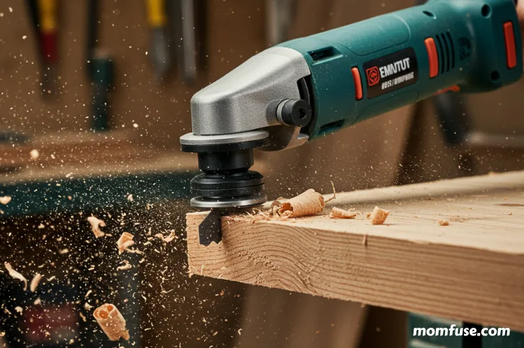 A dynamic image featuring an oscillating tool in action, cutting through a piece of wood.