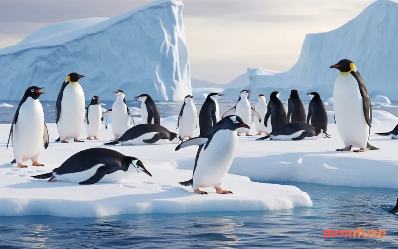 Various penguins in different poses together, diverse expressions, icy habitat, wide-angle realistic wildlife shot