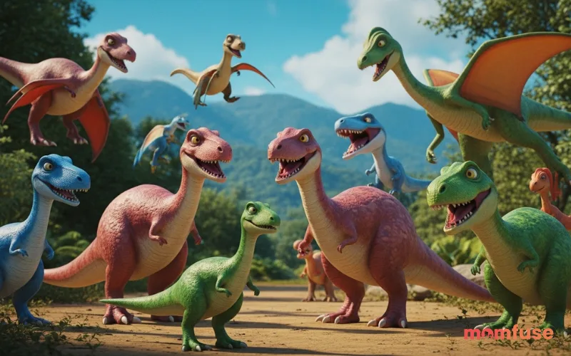 Collection of colorful dinosaur characters in playful setting, vibrant tones, cinematic composition, realistic rendering