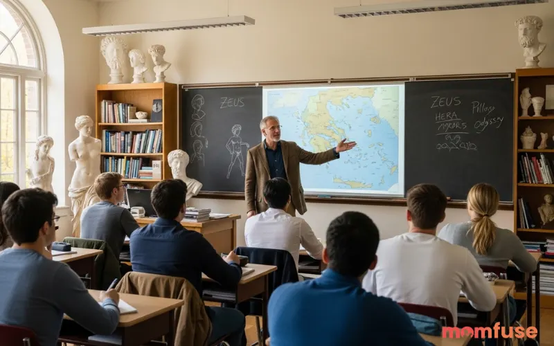 Mythology professor explaining Greek mythology to students in a classroom with classical statues and books visible, engaged discussion about ancient gods