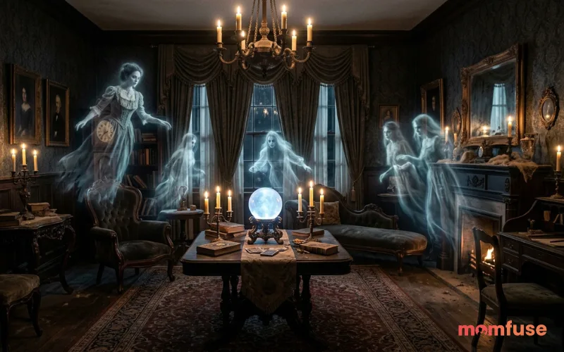 Victorian room with floating ghostly figures around antique furniture, glowing crystal ball, dim candlelight, realistic haunted setting