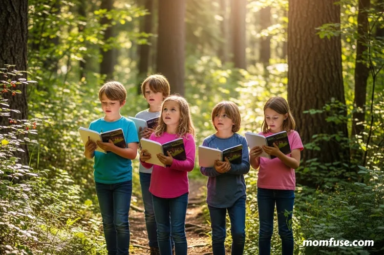 Children on a forest trail, holding notebooks.