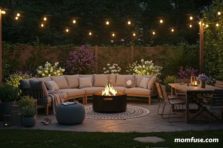 A beautifully designed outdoor patio with string lights, a fire pit, comfortable lounge seating.