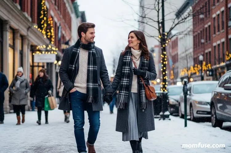 A chic couple wearing a coordinated winter outfit while walking through a cold urban street.