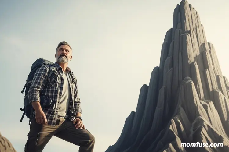 A man standing at the base of a symbolic mountain.