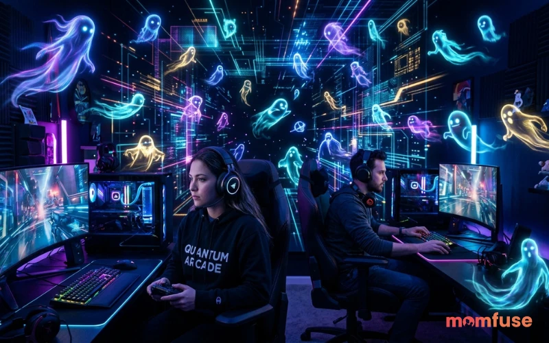 Modern gaming environment with diverse ghost-like figures floating in digital neon space, cinematic lighting, ultra realistic