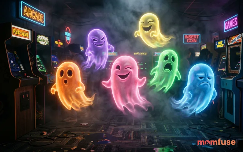 Group of multiple glowing ghost shapes with varied colors and expressions floating in misty arcade environment, realistic lighting