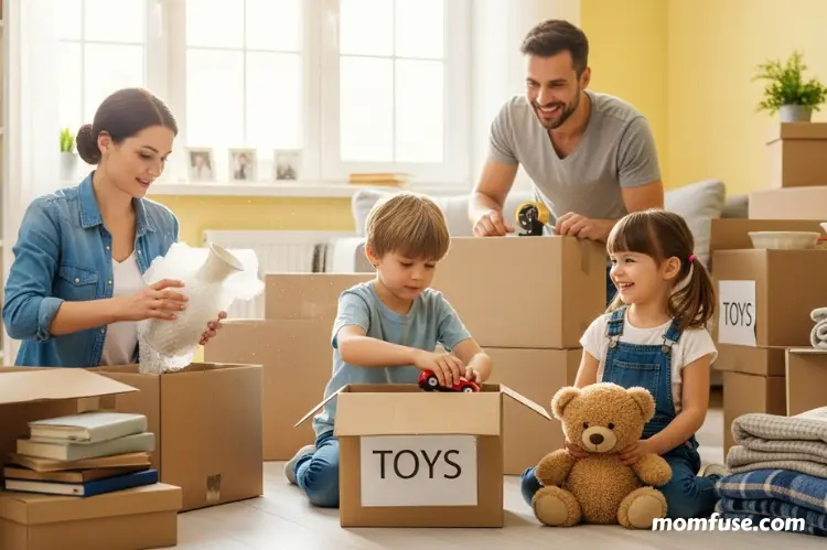 Family packing boxes with carefully selected belongings, kids placing favorite items into boxes.