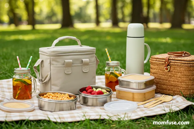 A picnic setup with reusable food containers, a cooler bag, eco-friendly cutlery.