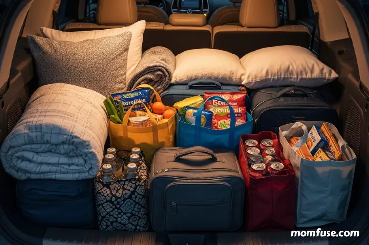 A car trunk filled with neatly packed bags, snacks, pillows.