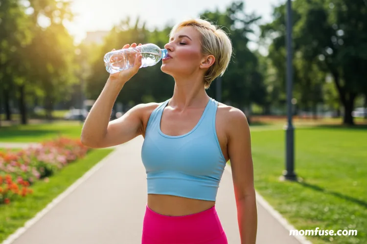 A woman taking a sip of water after exercising sunny outdoor setting.