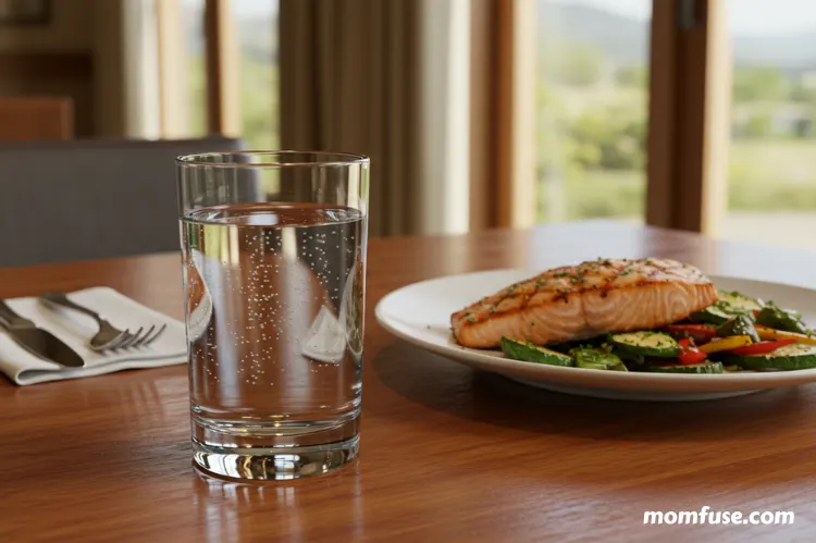 A glass of water placed beside a meal on a dining table.