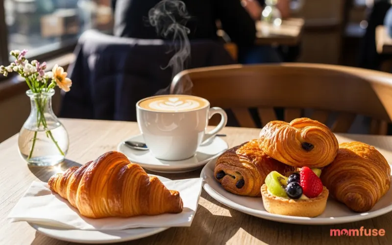 “coffee with breakfast pastries, croissant and latte on table, cozy café brunch vibe”