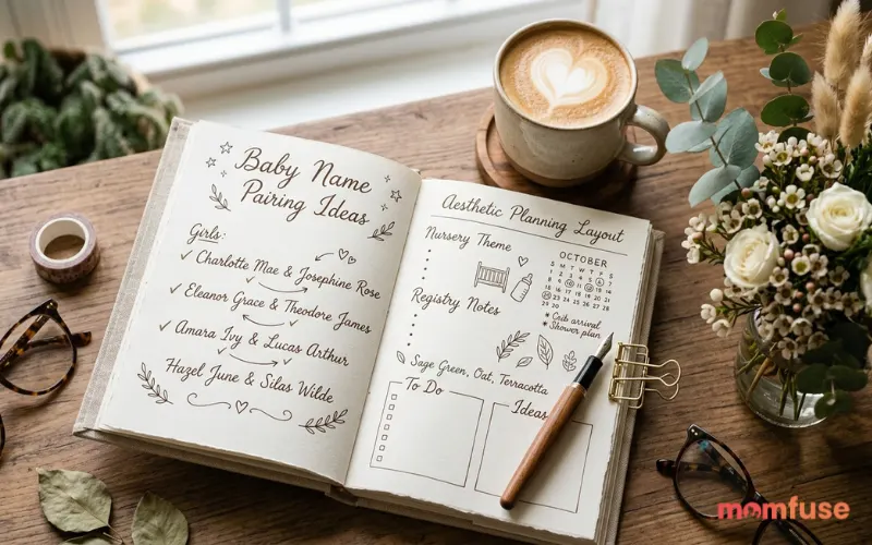 Open journal with baby name pairing ideas, coffee, flowers, aesthetic planning layout
