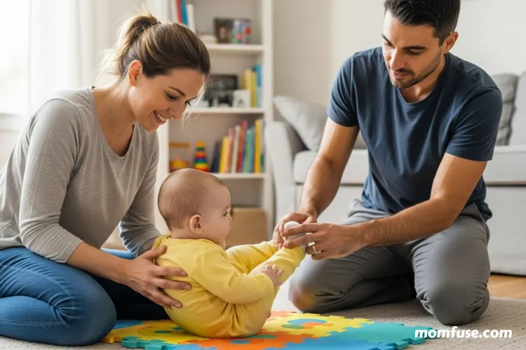 Parents practicing guided therapy exercises with their baby at home.