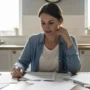 A concerned mother sitting at a kitchen table with legal paperwork.