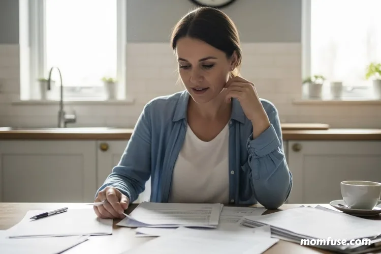 A concerned mother sitting at a kitchen table with legal paperwork.