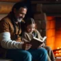 A parent with one arm in a sling sitting on a couch, smiling while reading a book to a child beside them.