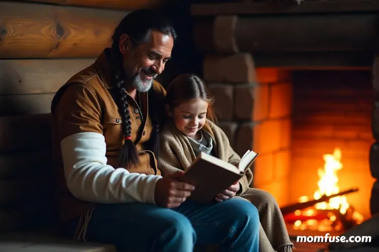 A parent with one arm in a sling sitting on a couch, smiling while reading a book to a child beside them.