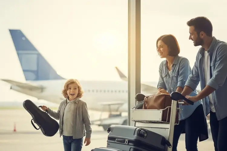 A young child holding a violin case at the airport with parents nearby, travel vibe, airplane visible in background.