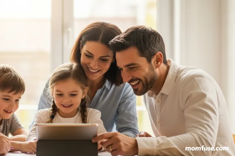 Parents and childs reviewing school progress on a tablet at home.