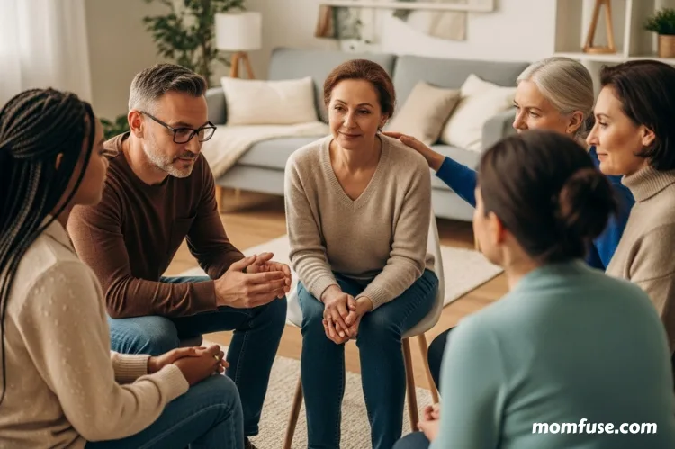 A small support group sitting in a circle, sharing and comforting each other in a cozy.