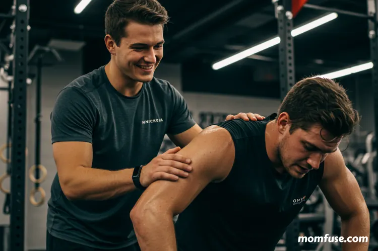 A gym trainer gently encouraging a tired client man during a workout.
