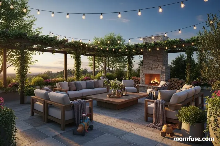 A beautiful family-friendly outdoor patio at sunset, modern seating, warm string lights, greenery, natural stone.