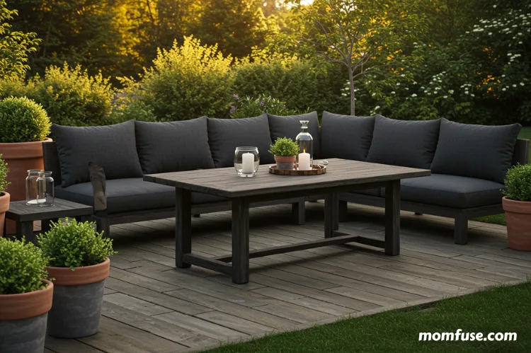 Cozy modern patio setup with a sectional sofa, rustic wooden table, greenery planters.
