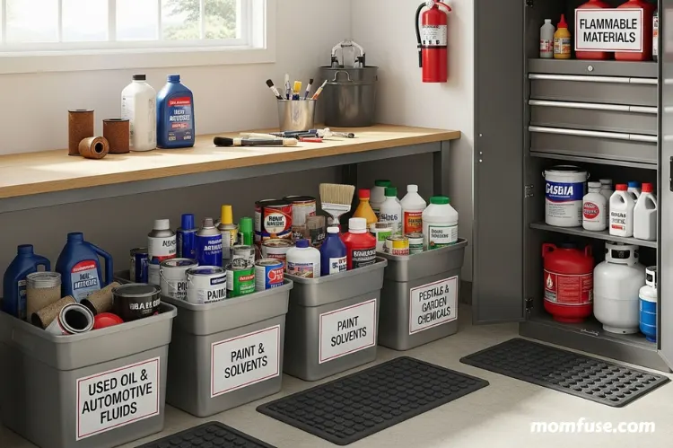 Household hazardous waste items like motor oil, paint cans, pesticides being safely separated in a garage.