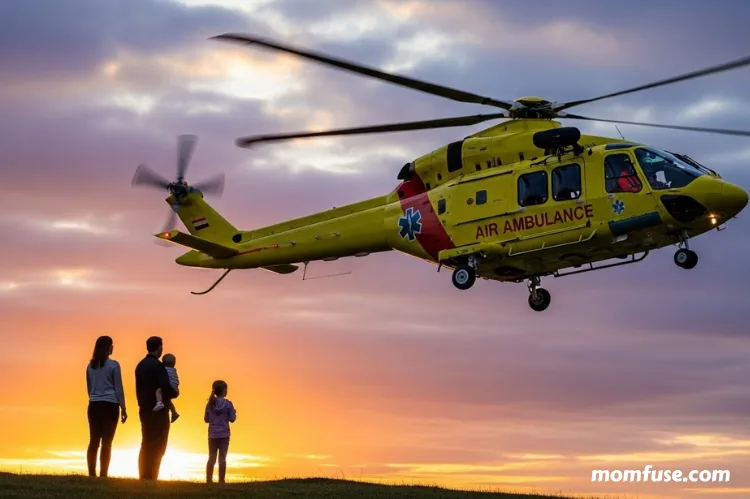 Air ambulance helicopter in flight with a medical crew silhouette and a family silhouette in foreground.