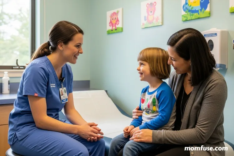 A professional pediatric clinic scene showing a Pediatric Nurse Practitioner gently interacting with a child and parent.