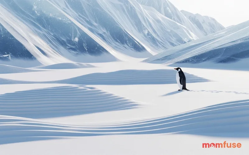 Penguin standing beside icy textures and snow patterns, abstract natural elements, clean composition, high detail realism