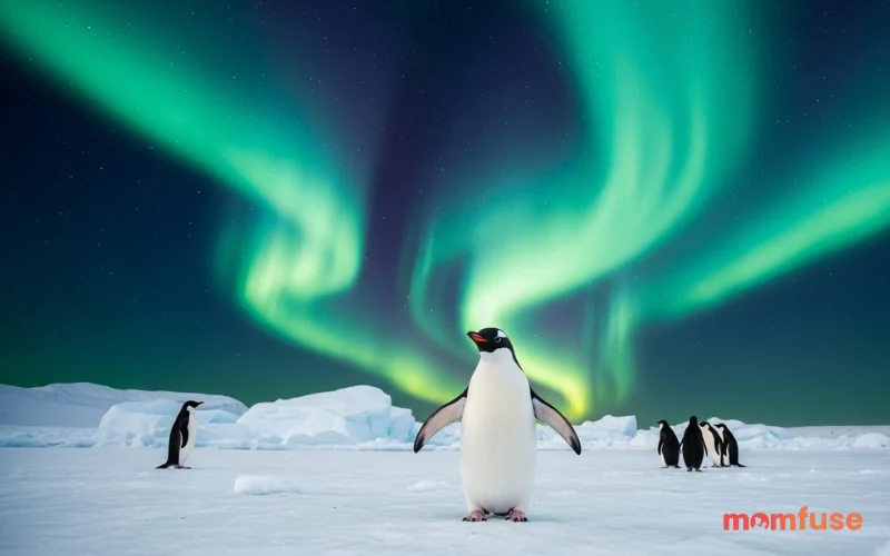Penguin standing on ice with glowing aurora sky behind, modern cinematic lighting, sharp detail, dramatic composition